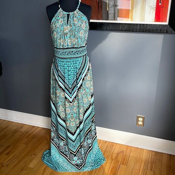 London Style Collection aqua/black/white/tan print stretch halter maxi. Small. - Picture 1 of 7